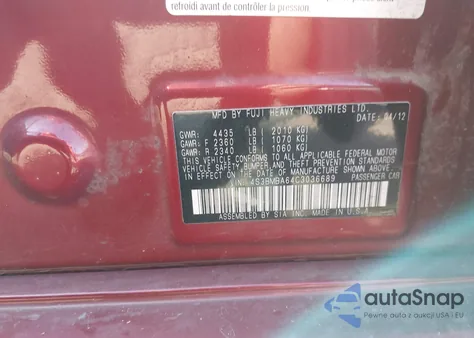 2012 Subaru Legacy 2.5I from USA, damaged, VIN 4S3BMBA64C3036689